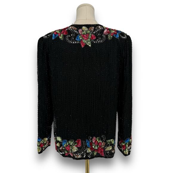 Vintage 1980s American Night Black Beaded Silk Evening Jacket, Floral Sequin, S - Picture 4 of 8